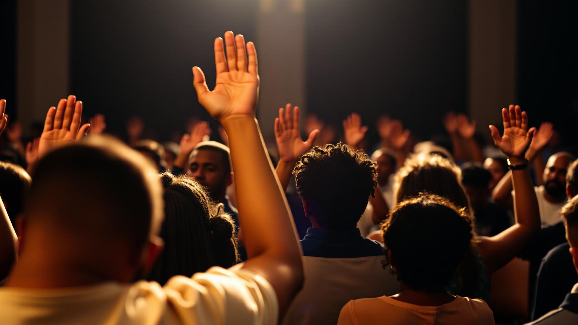 A global congregation worshipping together with hands raised
